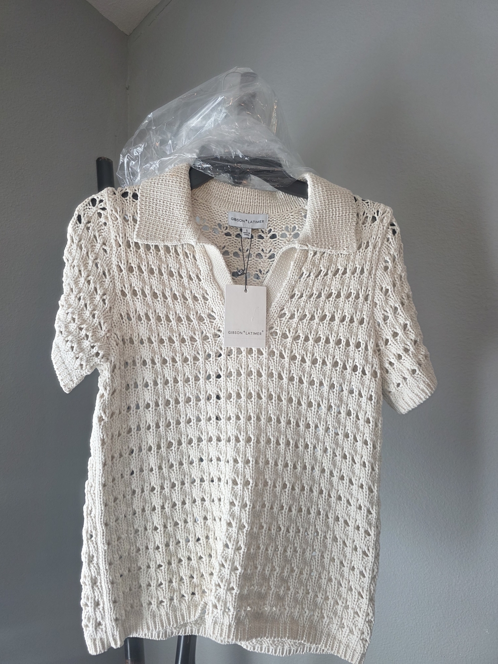 NWT Gibson Latimer Cream Open-Knit Polo Top 16" Pit To Pit, 25" Long